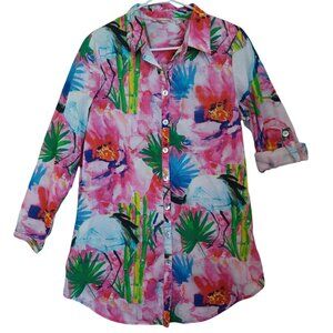 Soft Surroundings Tunic Breezy Bloom Tropical Print Button Front Blouse Womens M